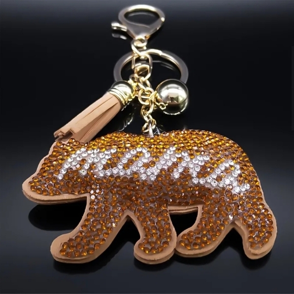 Bling Mama Bear Crystal Rhinestone Keychain Bag Charm With Tan Tassel - Picture 9 of 15